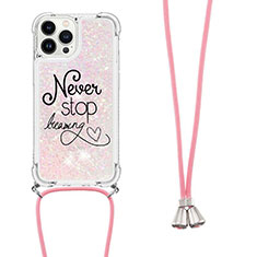 Silicone Candy Rubber TPU Bling-Bling Soft Case Cover with Lanyard Strap S02 for Apple iPhone 13 Pro Max Rose Gold