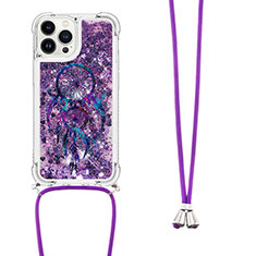 Silicone Candy Rubber TPU Bling-Bling Soft Case Cover with Lanyard Strap S02 for Apple iPhone 13 Pro Purple
