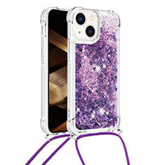 Silicone Candy Rubber TPU Bling-Bling Soft Case Cover with Lanyard Strap S02 for Apple iPhone 13 Purple