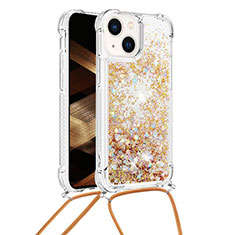 Silicone Candy Rubber TPU Bling-Bling Soft Case Cover with Lanyard Strap S02 for Apple iPhone 14 Gold
