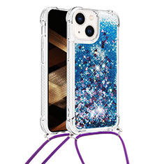 Silicone Candy Rubber TPU Bling-Bling Soft Case Cover with Lanyard Strap S02 for Apple iPhone 14 Plus Blue