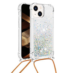 Silicone Candy Rubber TPU Bling-Bling Soft Case Cover with Lanyard Strap S02 for Apple iPhone 14 Plus Silver