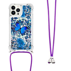 Silicone Candy Rubber TPU Bling-Bling Soft Case Cover with Lanyard Strap S02 for Apple iPhone 14 Pro Blue