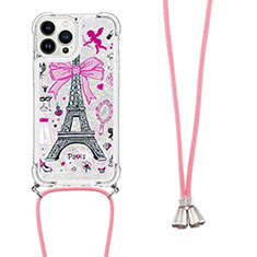 Silicone Candy Rubber TPU Bling-Bling Soft Case Cover with Lanyard Strap S02 for Apple iPhone 14 Pro White