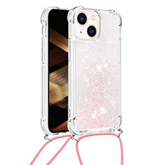 Silicone Candy Rubber TPU Bling-Bling Soft Case Cover with Lanyard Strap S02 for Apple iPhone 15 Pink