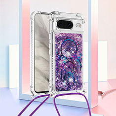 Silicone Candy Rubber TPU Bling-Bling Soft Case Cover with Lanyard Strap S02 for Google Pixel 8 5G Purple