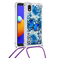 Silicone Candy Rubber TPU Bling-Bling Soft Case Cover with Lanyard Strap S02 for Samsung Galaxy A01 Core Blue