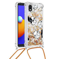 Silicone Candy Rubber TPU Bling-Bling Soft Case Cover with Lanyard Strap S02 for Samsung Galaxy A01 Core Gold