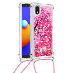 Silicone Candy Rubber TPU Bling-Bling Soft Case Cover with Lanyard Strap S02 for Samsung Galaxy A01 Core Hot Pink