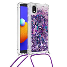 Silicone Candy Rubber TPU Bling-Bling Soft Case Cover with Lanyard Strap S02 for Samsung Galaxy A01 Core Purple