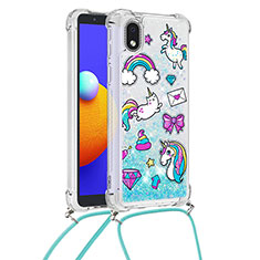 Silicone Candy Rubber TPU Bling-Bling Soft Case Cover with Lanyard Strap S02 for Samsung Galaxy A01 Core Sky Blue