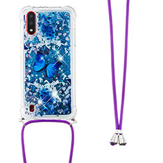 Silicone Candy Rubber TPU Bling-Bling Soft Case Cover with Lanyard Strap S02 for Samsung Galaxy A01 SM-A015 Blue