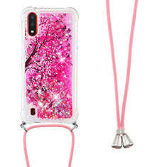 Silicone Candy Rubber TPU Bling-Bling Soft Case Cover with Lanyard Strap S02 for Samsung Galaxy A01 SM-A015 Hot Pink