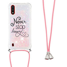 Silicone Candy Rubber TPU Bling-Bling Soft Case Cover with Lanyard Strap S02 for Samsung Galaxy A01 SM-A015 Pink