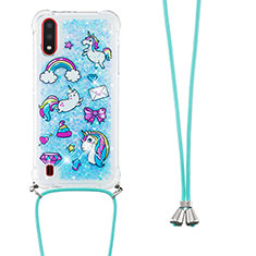 Silicone Candy Rubber TPU Bling-Bling Soft Case Cover with Lanyard Strap S02 for Samsung Galaxy A01 SM-A015 Sky Blue