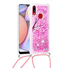 Silicone Candy Rubber TPU Bling-Bling Soft Case Cover with Lanyard Strap S02 for Samsung Galaxy A10s Hot Pink