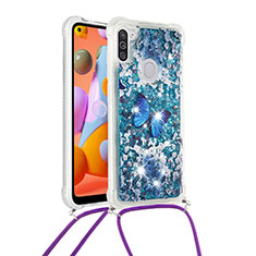 Silicone Candy Rubber TPU Bling-Bling Soft Case Cover with Lanyard Strap S02 for Samsung Galaxy A11 Blue
