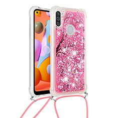 Silicone Candy Rubber TPU Bling-Bling Soft Case Cover with Lanyard Strap S02 for Samsung Galaxy A11 Hot Pink