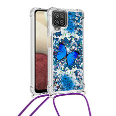 Silicone Candy Rubber TPU Bling-Bling Soft Case Cover with Lanyard Strap S02 for Samsung Galaxy A12 Blue