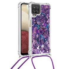 Silicone Candy Rubber TPU Bling-Bling Soft Case Cover with Lanyard Strap S02 for Samsung Galaxy A12 Purple