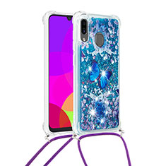 Silicone Candy Rubber TPU Bling-Bling Soft Case Cover with Lanyard Strap S02 for Samsung Galaxy A20 Blue