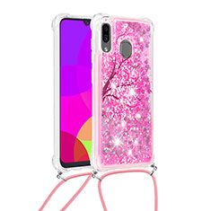 Silicone Candy Rubber TPU Bling-Bling Soft Case Cover with Lanyard Strap S02 for Samsung Galaxy A20 Hot Pink
