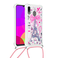 Silicone Candy Rubber TPU Bling-Bling Soft Case Cover with Lanyard Strap S02 for Samsung Galaxy A20 Pink
