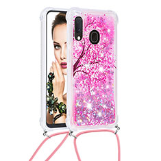 Silicone Candy Rubber TPU Bling-Bling Soft Case Cover with Lanyard Strap S02 for Samsung Galaxy A20e Hot Pink