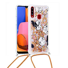 Silicone Candy Rubber TPU Bling-Bling Soft Case Cover with Lanyard Strap S02 for Samsung Galaxy A20s Gold