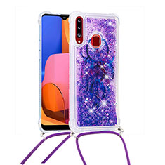 Silicone Candy Rubber TPU Bling-Bling Soft Case Cover with Lanyard Strap S02 for Samsung Galaxy A20s Purple