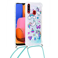 Silicone Candy Rubber TPU Bling-Bling Soft Case Cover with Lanyard Strap S02 for Samsung Galaxy A20s Sky Blue