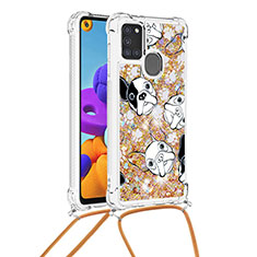 Silicone Candy Rubber TPU Bling-Bling Soft Case Cover with Lanyard Strap S02 for Samsung Galaxy A21s Gold