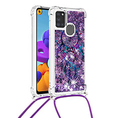 Silicone Candy Rubber TPU Bling-Bling Soft Case Cover with Lanyard Strap S02 for Samsung Galaxy A21s Purple