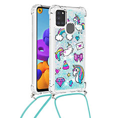 Silicone Candy Rubber TPU Bling-Bling Soft Case Cover with Lanyard Strap S02 for Samsung Galaxy A21s Sky Blue
