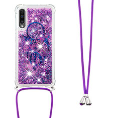 Silicone Candy Rubber TPU Bling-Bling Soft Case Cover with Lanyard Strap S02 for Samsung Galaxy A30S Purple