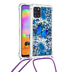 Silicone Candy Rubber TPU Bling-Bling Soft Case Cover with Lanyard Strap S02 for Samsung Galaxy A31 Blue