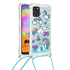 Silicone Candy Rubber TPU Bling-Bling Soft Case Cover with Lanyard Strap S02 for Samsung Galaxy A31 Sky Blue