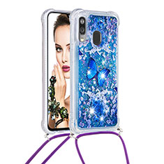 Silicone Candy Rubber TPU Bling-Bling Soft Case Cover with Lanyard Strap S02 for Samsung Galaxy A40 Blue