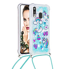 Silicone Candy Rubber TPU Bling-Bling Soft Case Cover with Lanyard Strap S02 for Samsung Galaxy A40 Sky Blue