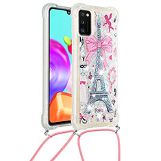 Silicone Candy Rubber TPU Bling-Bling Soft Case Cover with Lanyard Strap S02 for Samsung Galaxy A41 Pink