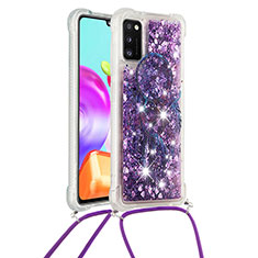Silicone Candy Rubber TPU Bling-Bling Soft Case Cover with Lanyard Strap S02 for Samsung Galaxy A41 Purple