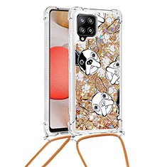 Silicone Candy Rubber TPU Bling-Bling Soft Case Cover with Lanyard Strap S02 for Samsung Galaxy A42 5G Gold