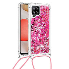 Silicone Candy Rubber TPU Bling-Bling Soft Case Cover with Lanyard Strap S02 for Samsung Galaxy A42 5G Hot Pink
