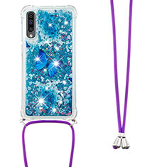 Silicone Candy Rubber TPU Bling-Bling Soft Case Cover with Lanyard Strap S02 for Samsung Galaxy A50 Blue