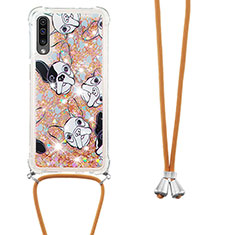 Silicone Candy Rubber TPU Bling-Bling Soft Case Cover with Lanyard Strap S02 for Samsung Galaxy A50 Gold