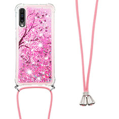 Silicone Candy Rubber TPU Bling-Bling Soft Case Cover with Lanyard Strap S02 for Samsung Galaxy A50 Hot Pink