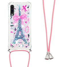 Silicone Candy Rubber TPU Bling-Bling Soft Case Cover with Lanyard Strap S02 for Samsung Galaxy A50 Pink