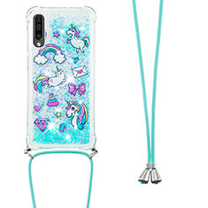 Silicone Candy Rubber TPU Bling-Bling Soft Case Cover with Lanyard Strap S02 for Samsung Galaxy A50 Sky Blue
