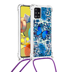 Silicone Candy Rubber TPU Bling-Bling Soft Case Cover with Lanyard Strap S02 for Samsung Galaxy A51 5G Blue