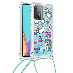 Silicone Candy Rubber TPU Bling-Bling Soft Case Cover with Lanyard Strap S02 for Samsung Galaxy A52 5G Sky Blue
